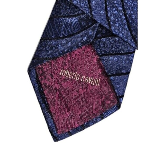 ROBERTO CAVALLI Men's 100% Silk Tie LUXURY Blue Wave Monogram W:3.4" EUC - Picture 5 of 5